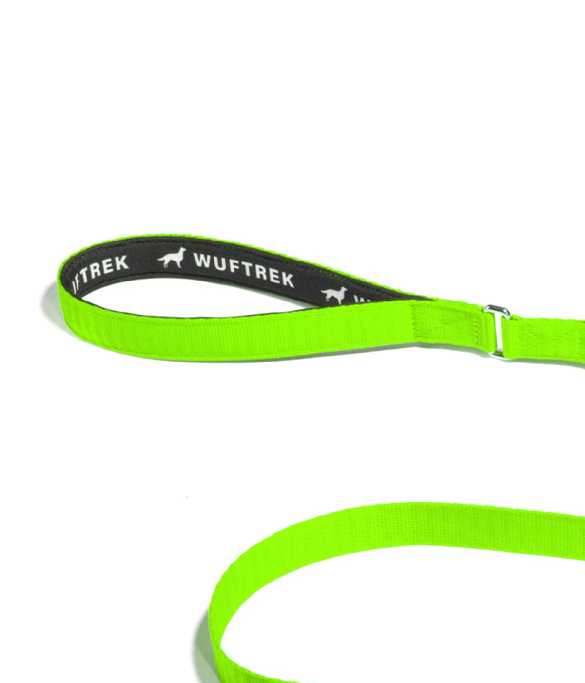 Handle detail on the neon green dog leash