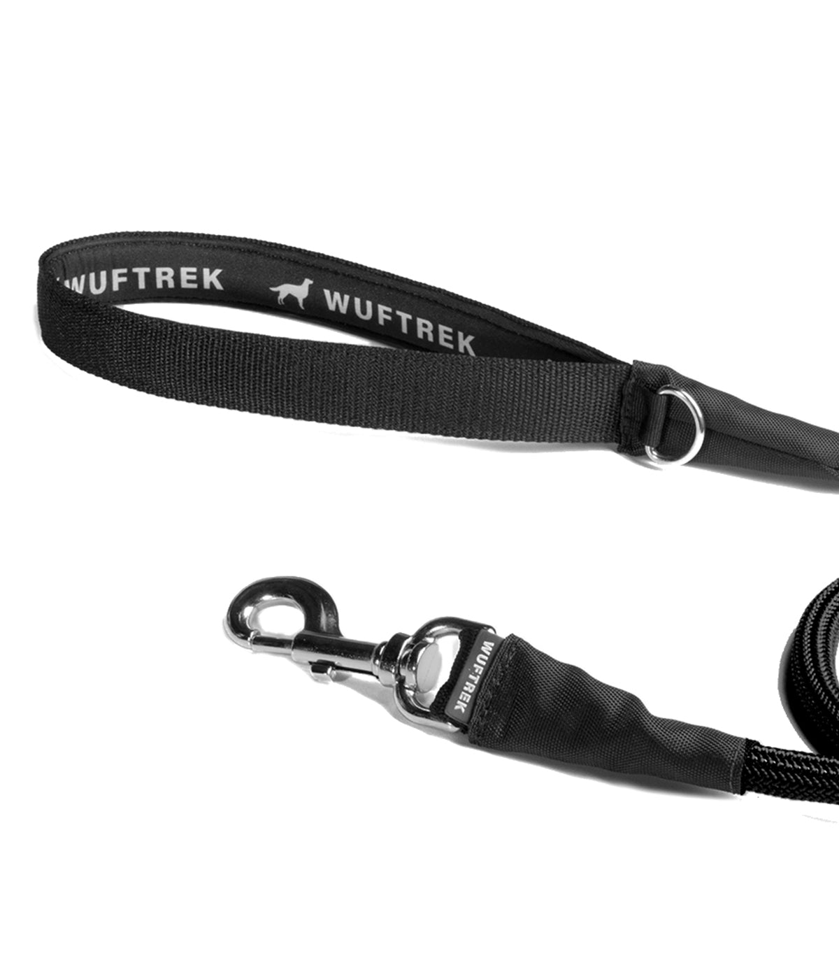 Hardware and neoprene-lined handle detail on the black TrekCord dog leash