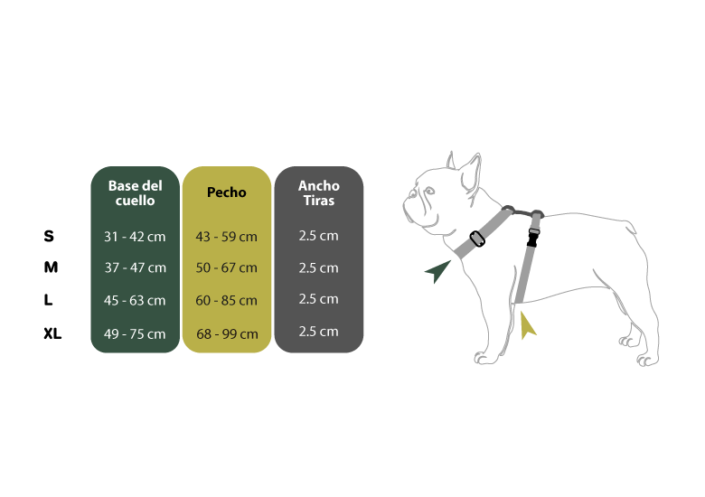 Guía de medidas de arnés h para perros