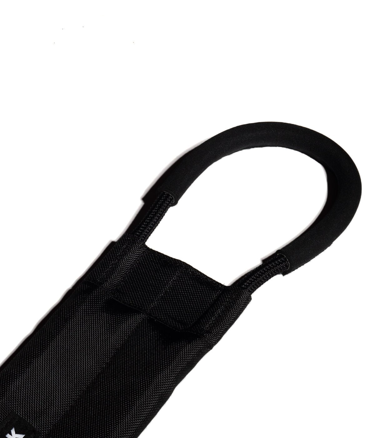 Handle detail on a long black dog tug toy