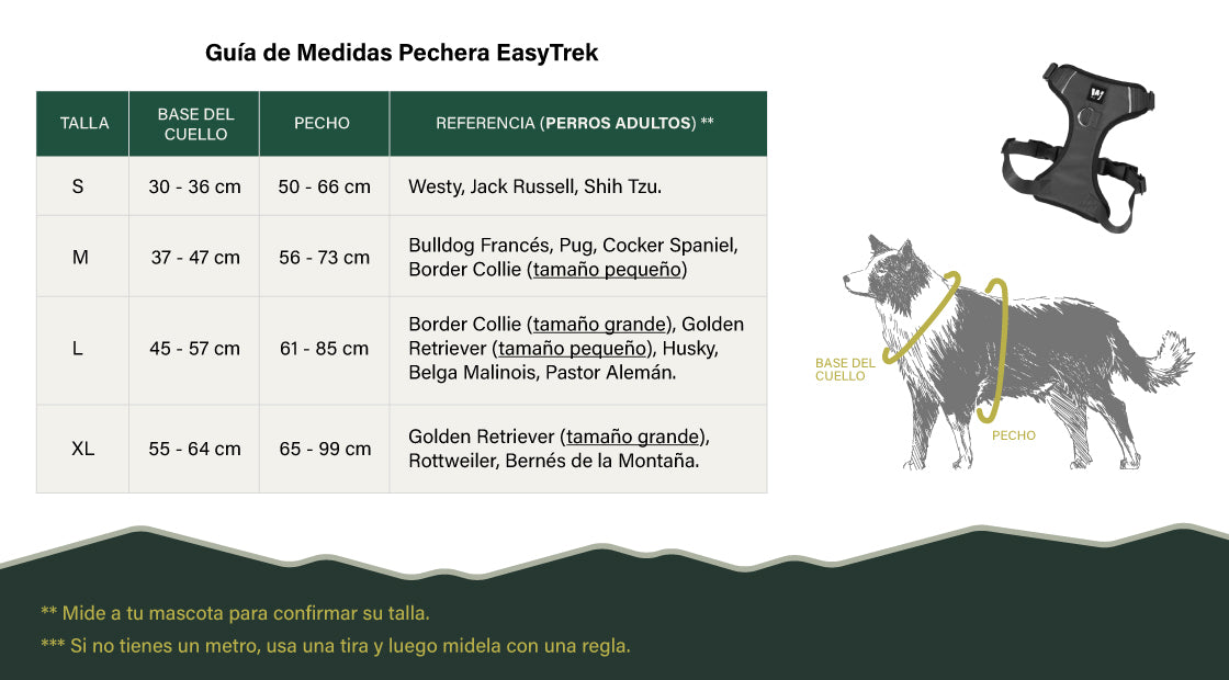 Guía de medidas del arnés para perros EasyTrek de WUFTREK