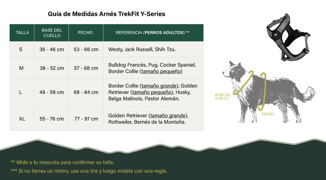 Guía de medidas del arnés para perros TrekFit de WUFTREK