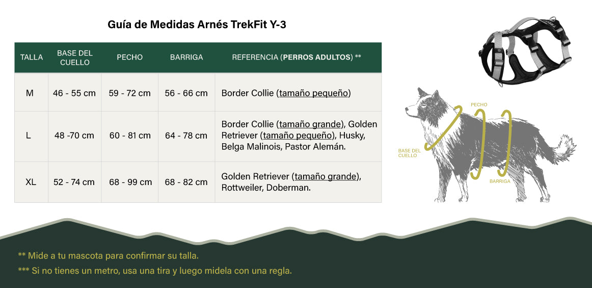 Guía de medidas, que tiene una tabla con los cms de ampliación de acuerdo a una talla, para el Arnés TrekFit Y3 el cual tiene 3 tiras de amarre