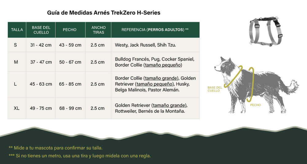 Tabla de medidas del arnés TrekZero H-Series
