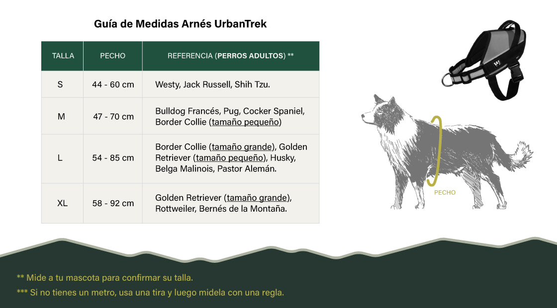 Guía de medidas del arnés para perros UrbanTrek de WUFTREK