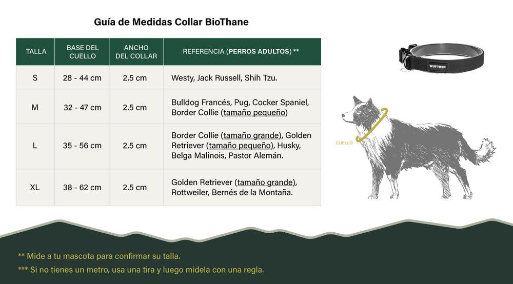 Tabla de medidas del collar Biothane de WUFTREK