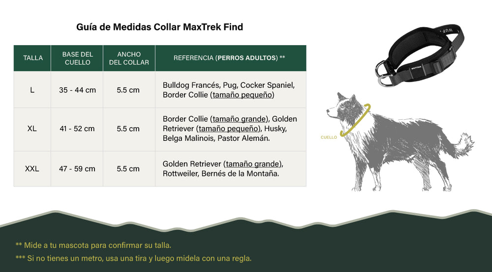 Tabla de medidas del collar MaxTrek Find