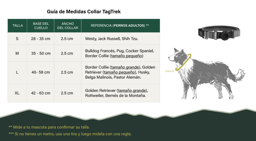 Tabla de medidas del collar TagTrek para AirTag