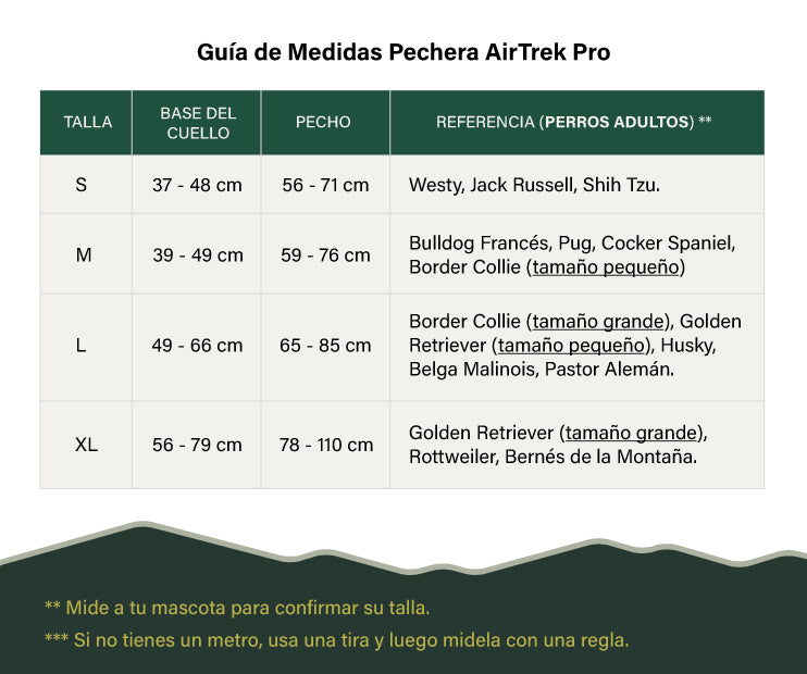 Guia de medidas de la pechera para perros AirTrek Pro