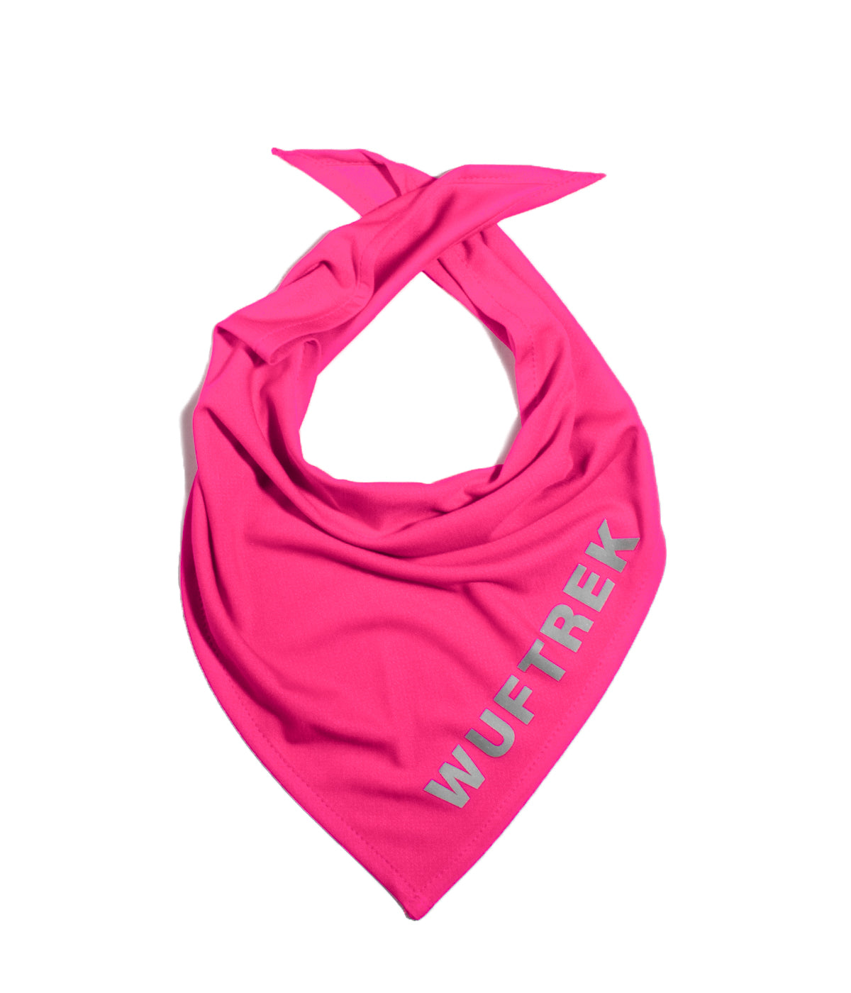 Fuchsia fabric dog bandana with WUFTREK branding on one edge