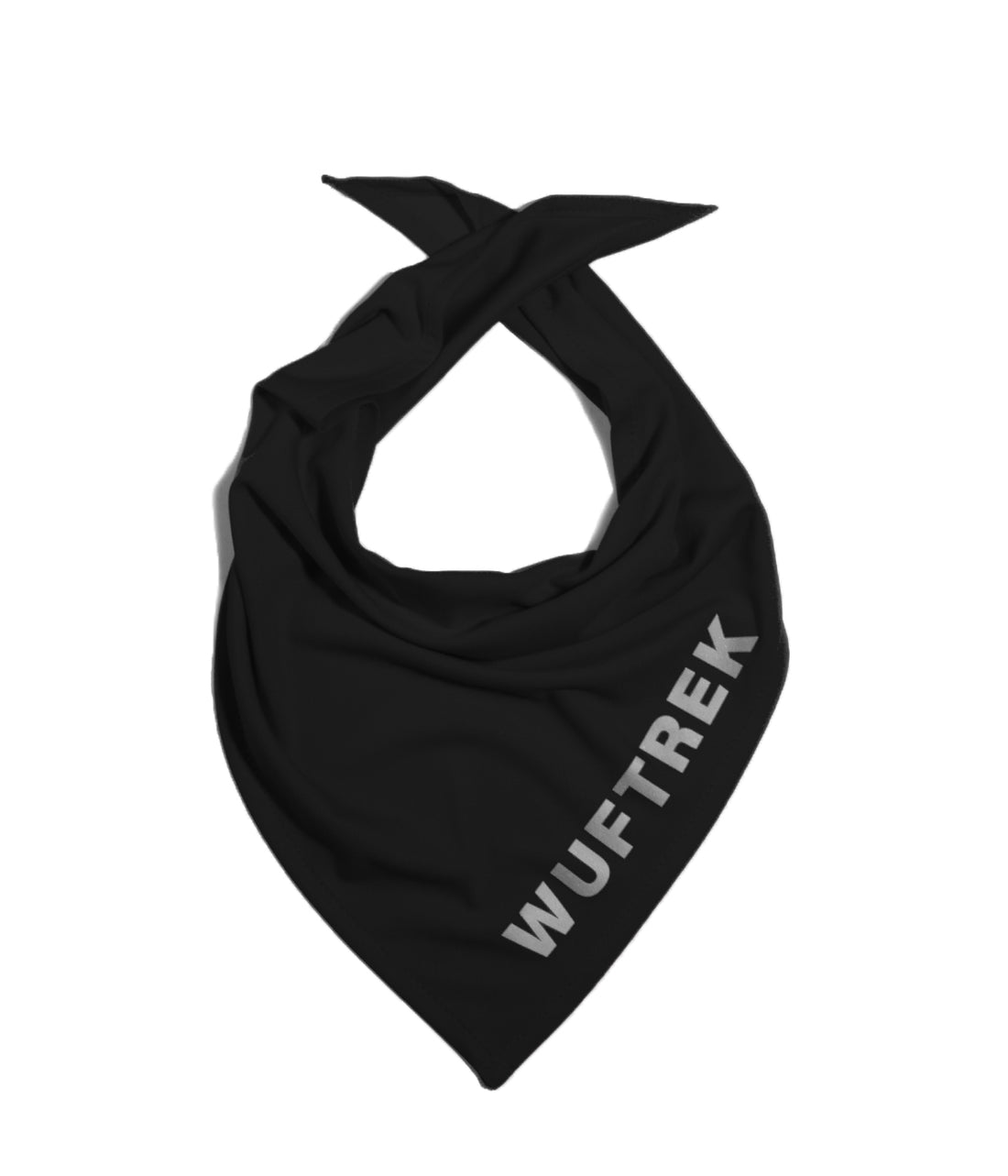 Una pañoleta en tela color negra con la marca WUFTREK estampada en un borde