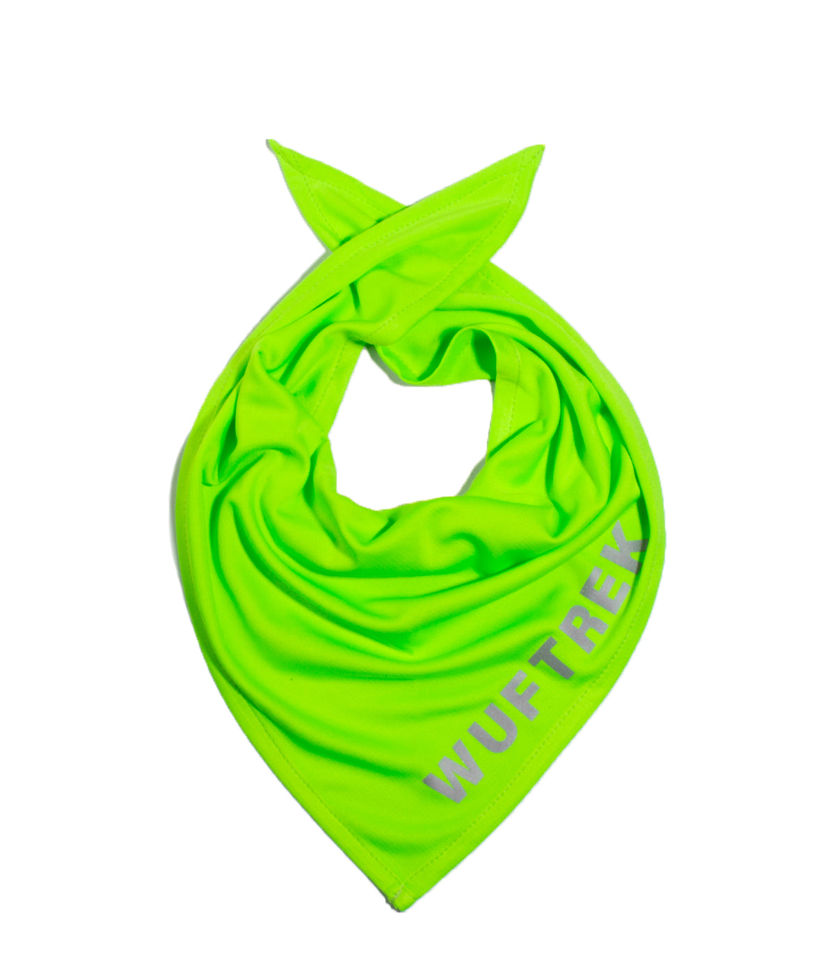 Lime green fabric dog bandana with WUFTREK branding on one edge