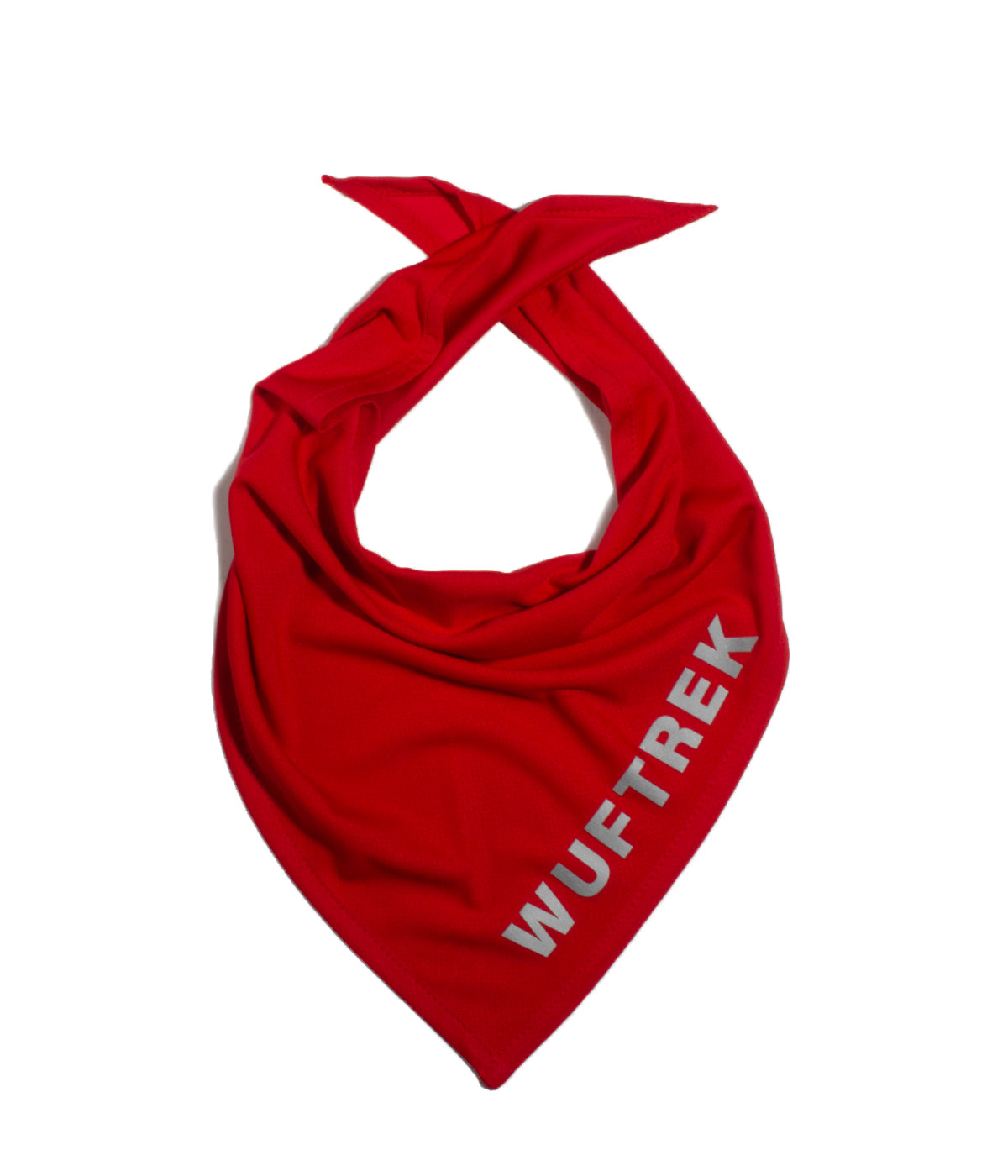 Red fabric dog bandana with WUFTREK branding on one edge