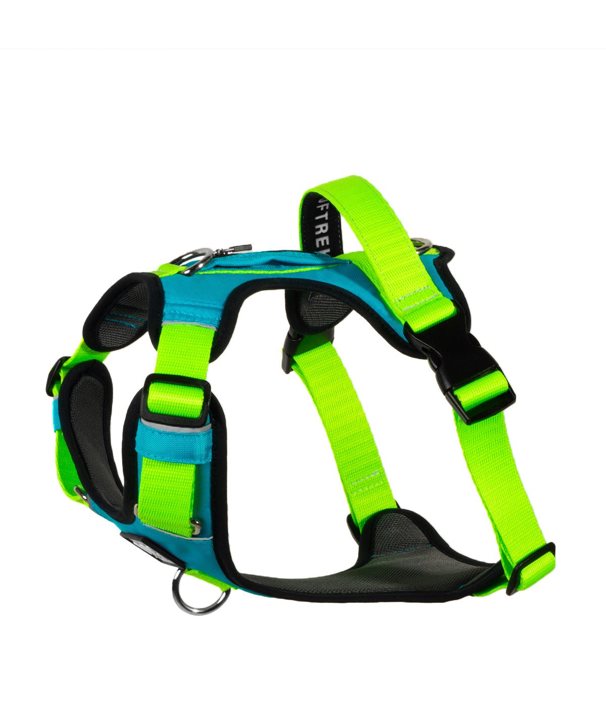Side view of the blue and green AirTrek dog harness