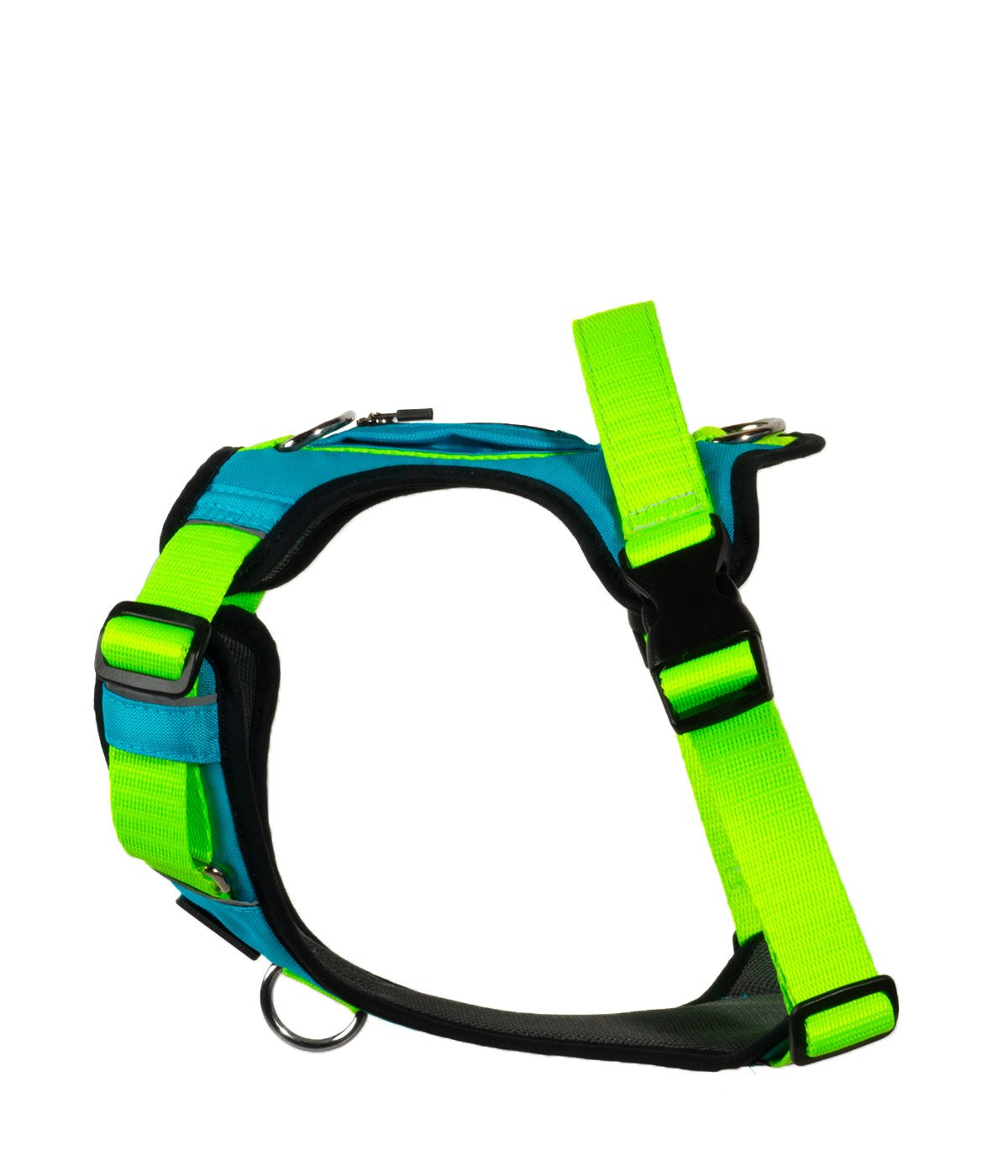 Ergonomic side view of the blue and green AirTrek dog harness