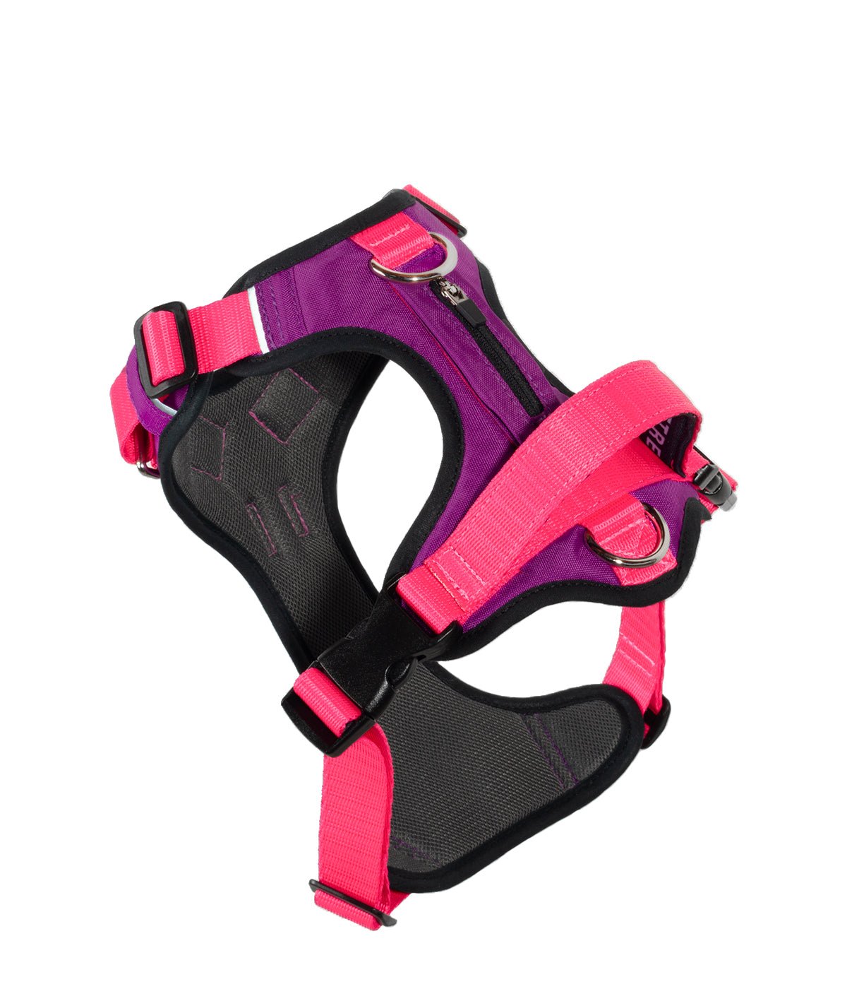 Rear view of the violet and fuchsia AirTrek dog harness