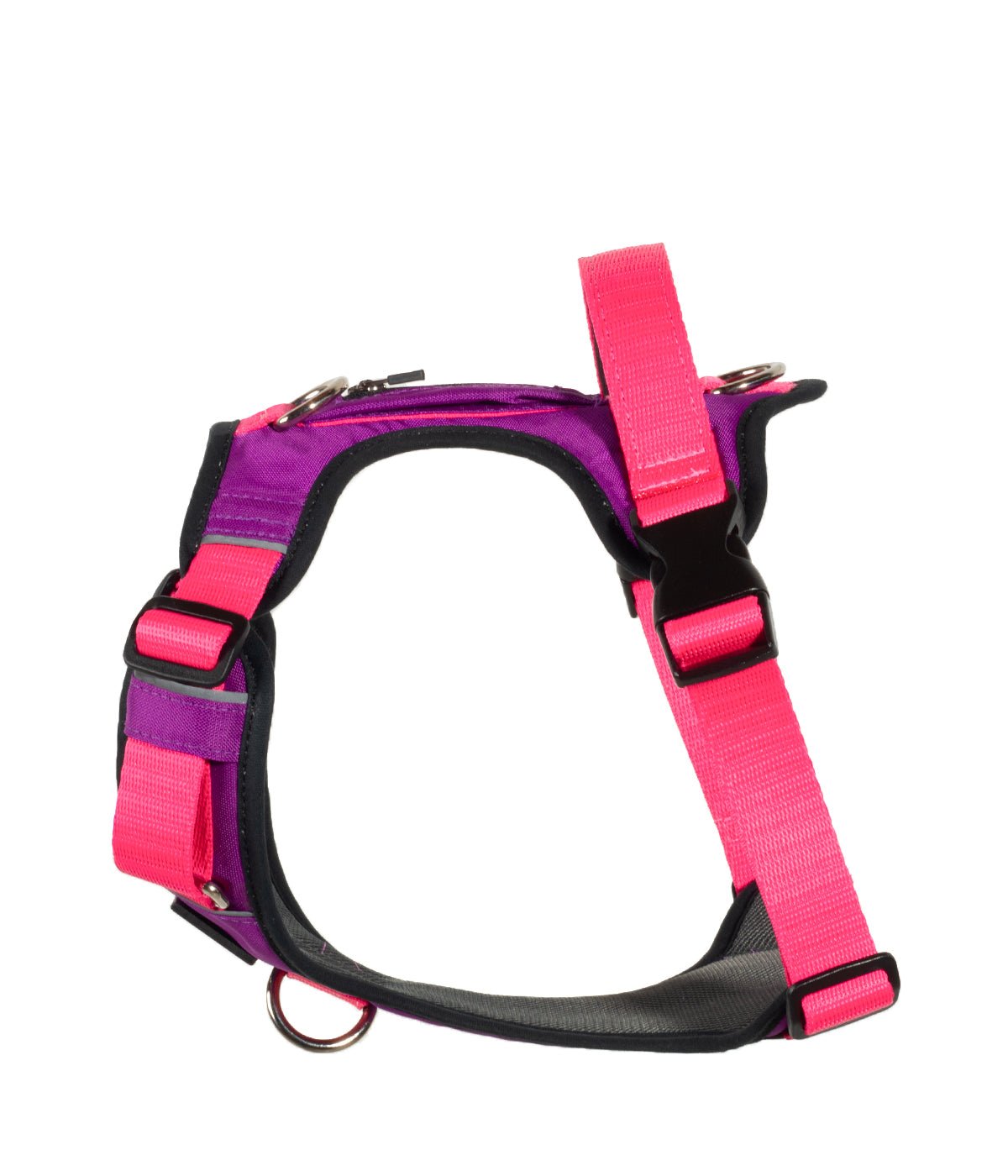 Ergonomic side view of the violet and fuchsia AirTrek dog harness