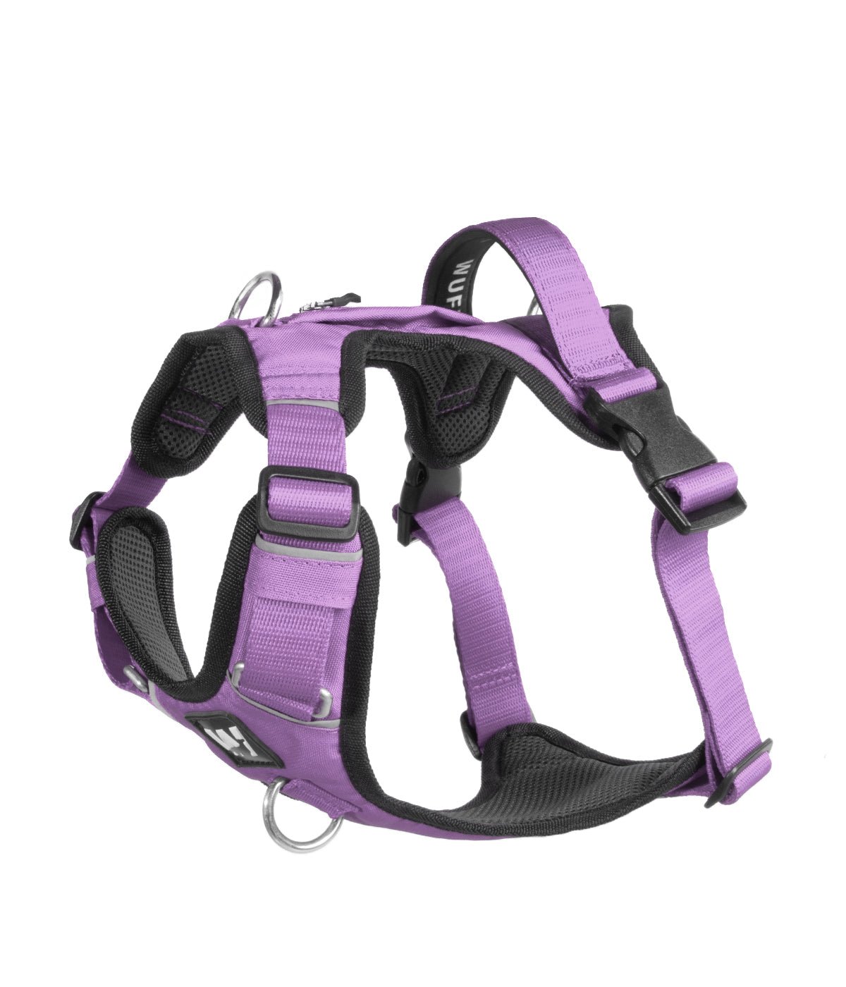 Side view of a dog harness with a lilac handle