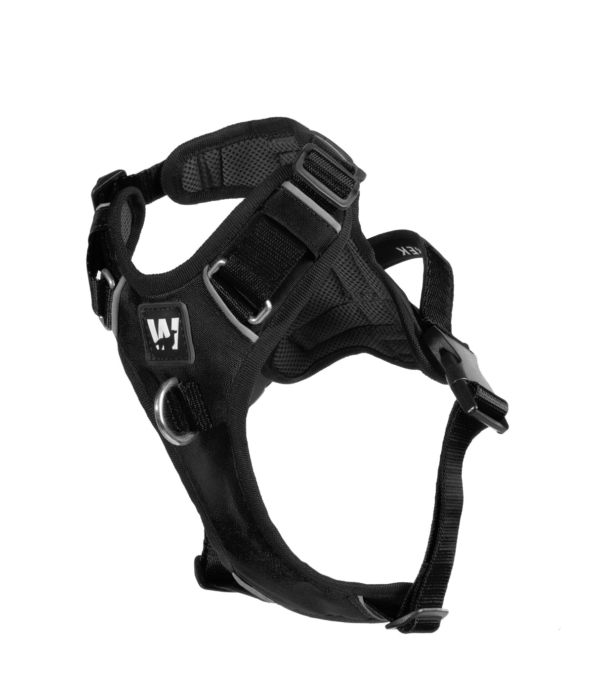 Front view of a black dog harness