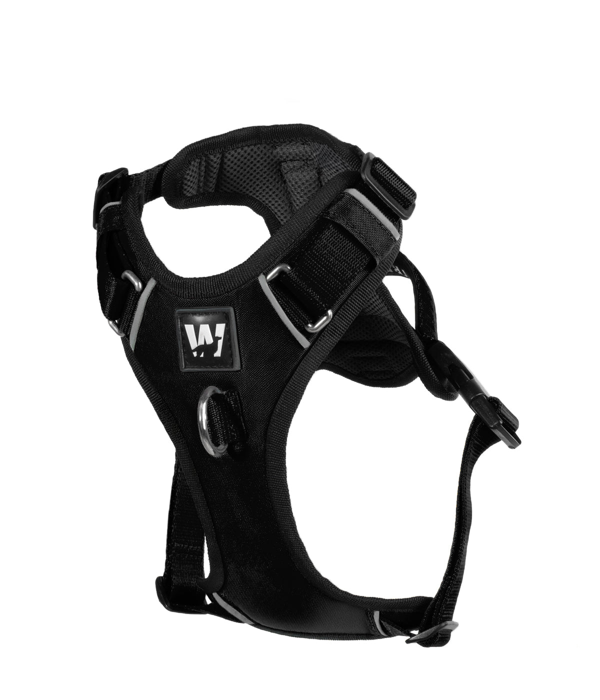Front view of a black dog harness