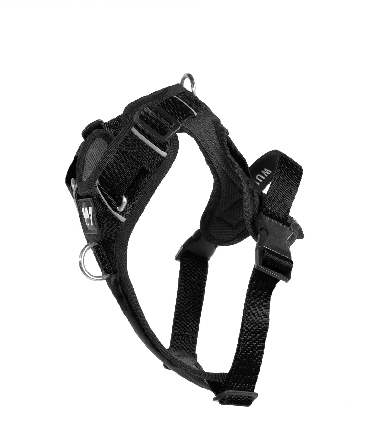Ergonomic side view of a black dog harness