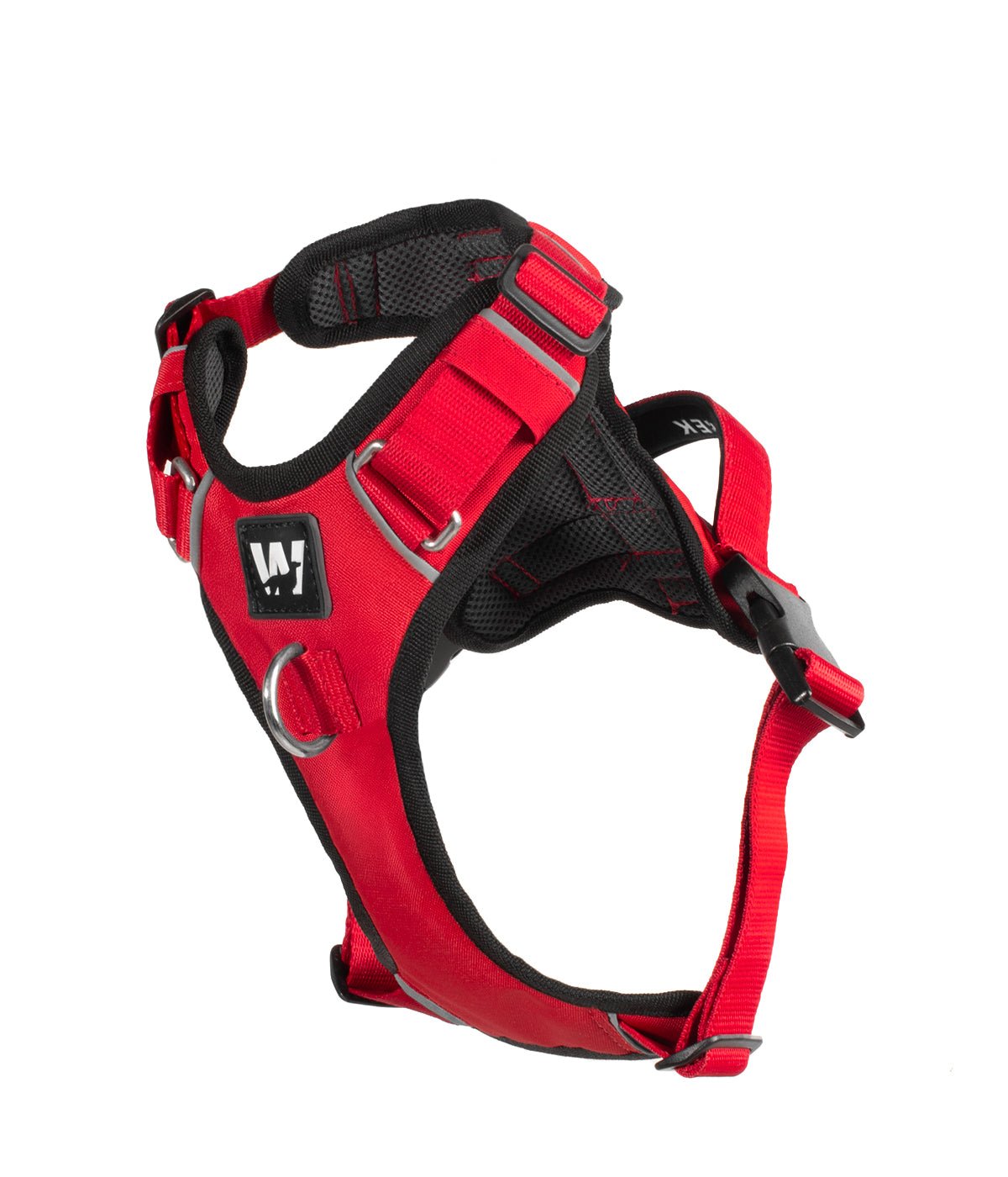 Front view of a red dog harness