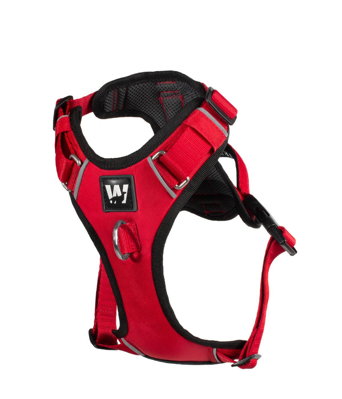 Front view of a red dog harness