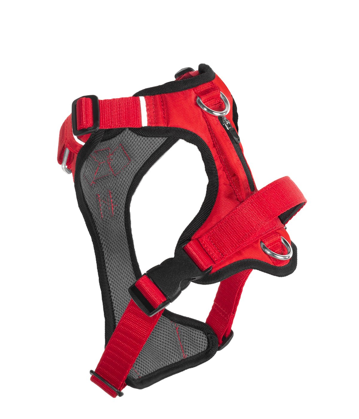 Ergonomic rear view of a red dog harness
