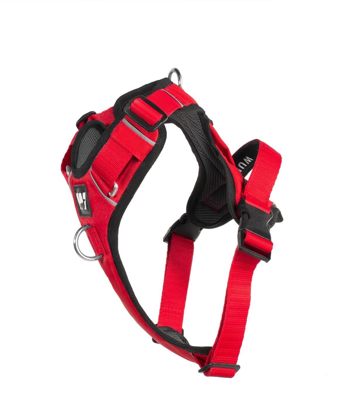 Ergonomic side view of a red dog harness