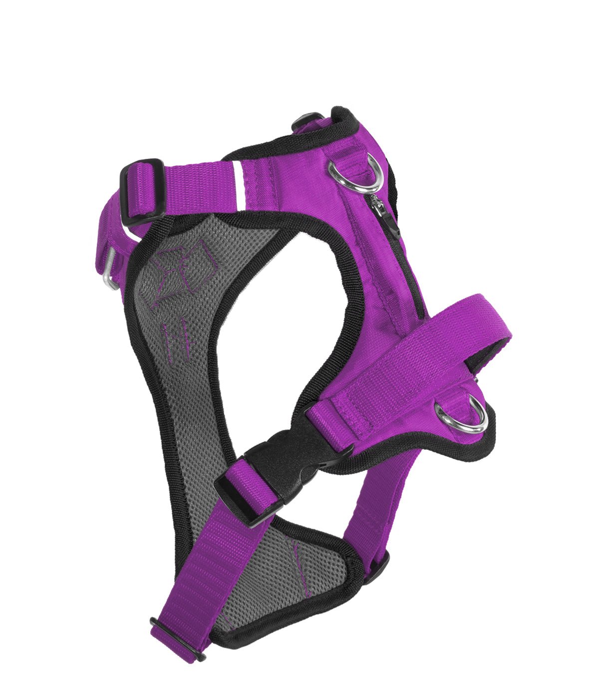 Rear view of the violet AirTrek dog harness