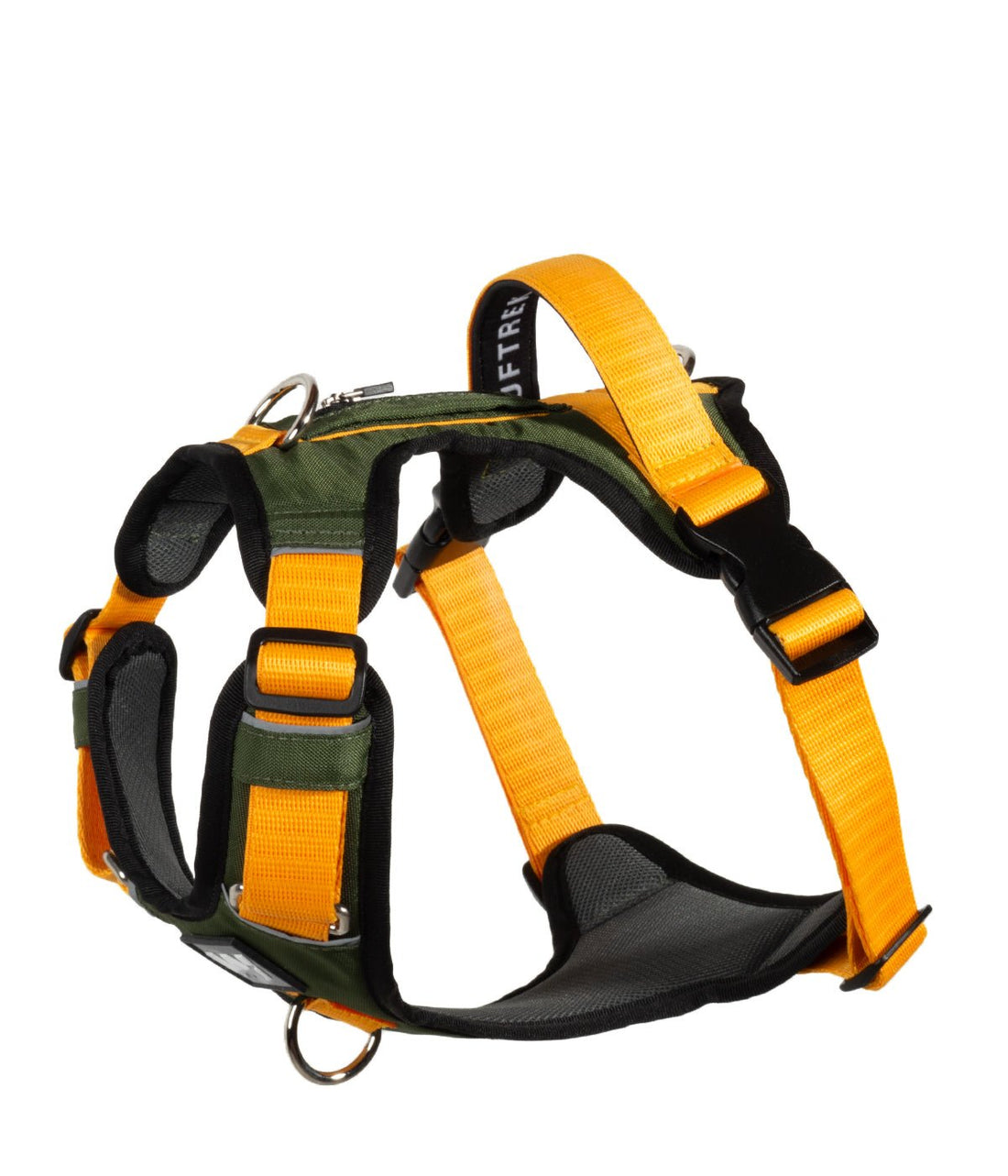 Detalle lateral pechera para perros AirTrek color verde militar y amarillo 