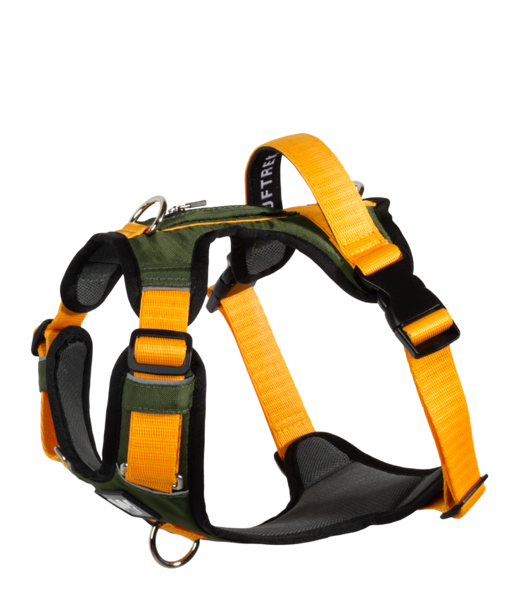 Detalle lateral pechera para perros AirTrek color verde militar y amarillo