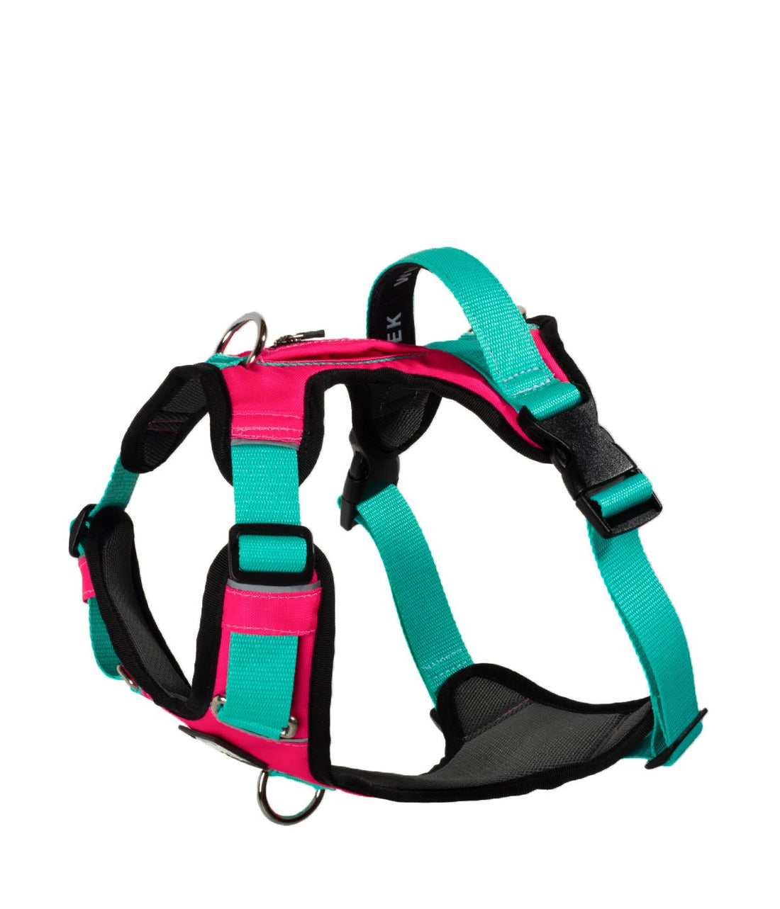Detalle lateral pechera para perros AirTrek color fucsia y menta 