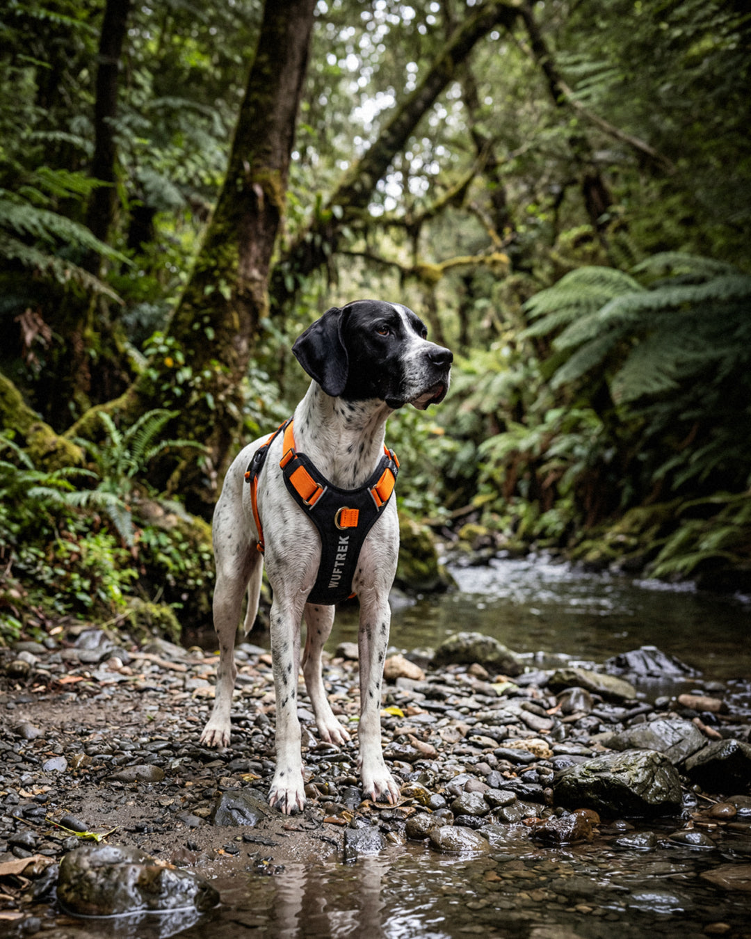 Pointer wearing a Summer orange AirTrek Pro dog harness