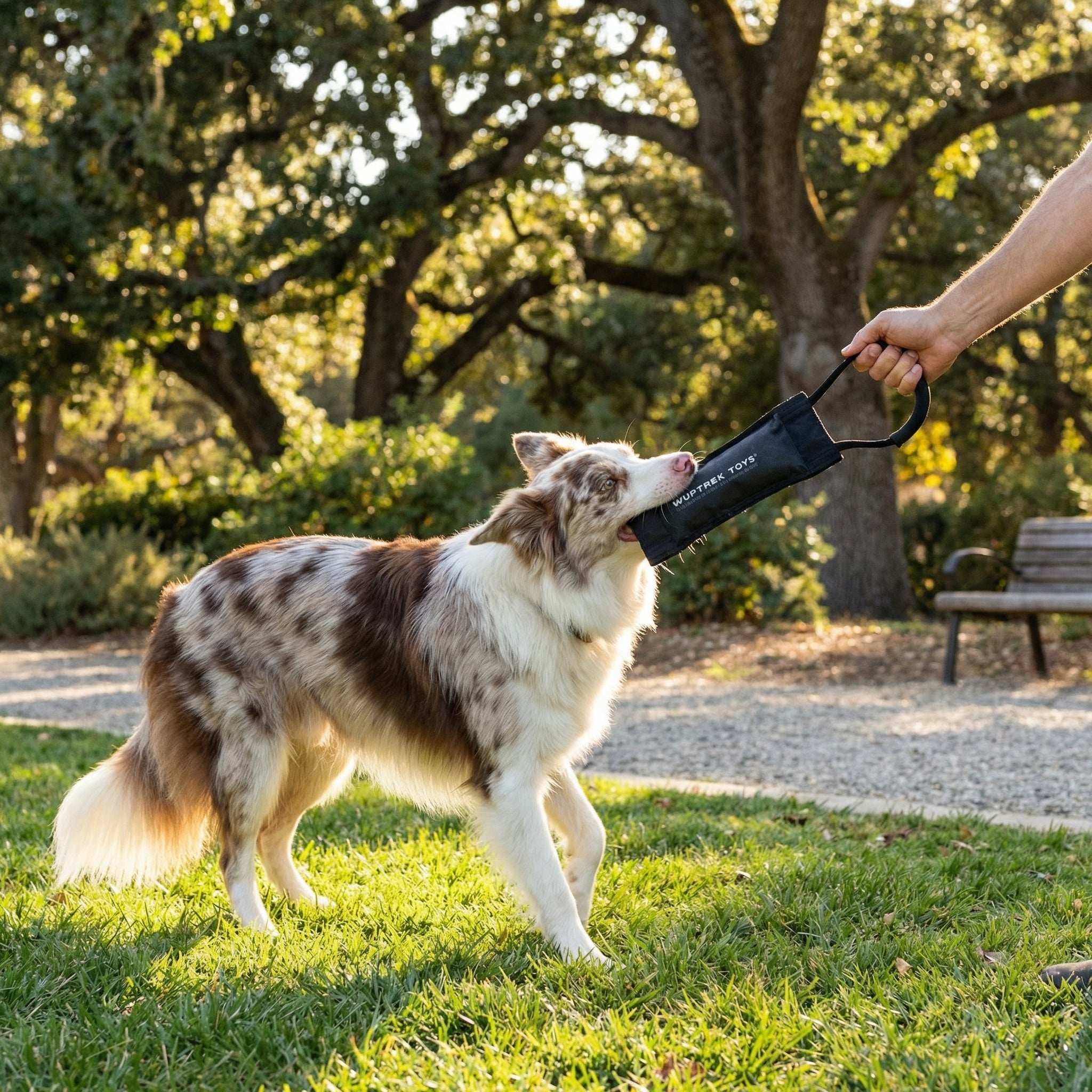 Un perro Border Collie mordiendo un juguete para perros color negro